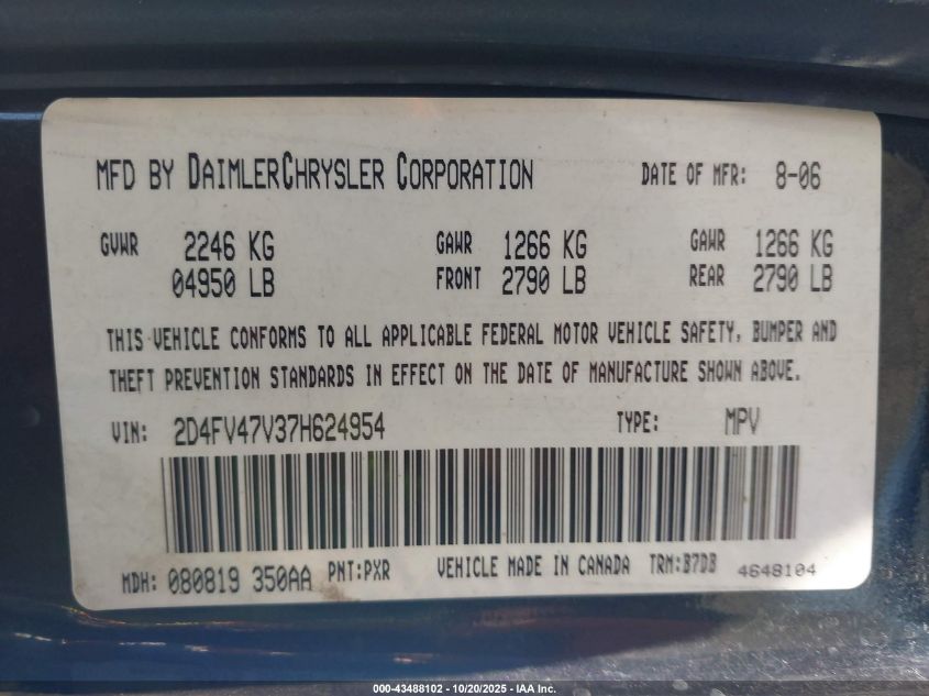 2007 Dodge Magnum VIN: 2D4FV47V37H624954 Lot: 43488102