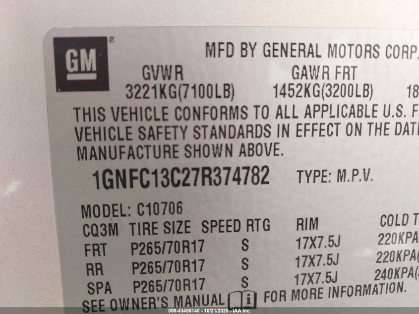 2007 Chevrolet Tahoe Ls VIN: 1GNFC13C27R374782 Lot: 43488140