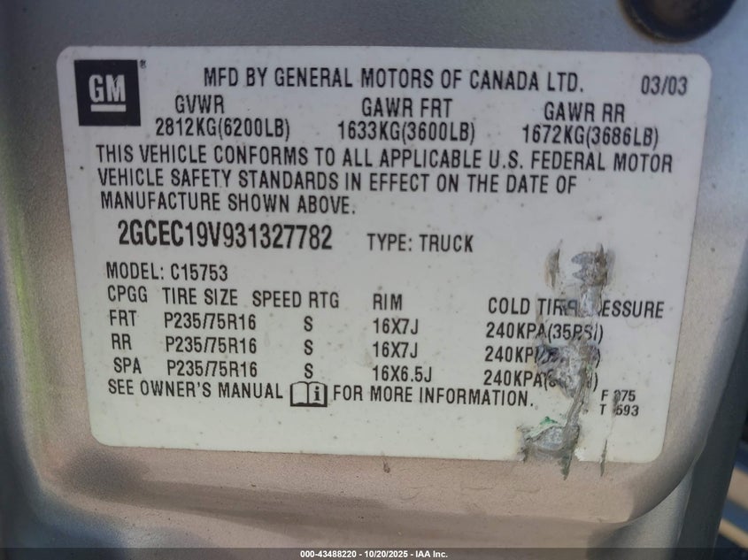 2GCEC19V931327782 2003 CHEVROLET SILVERADO photo no. 9
