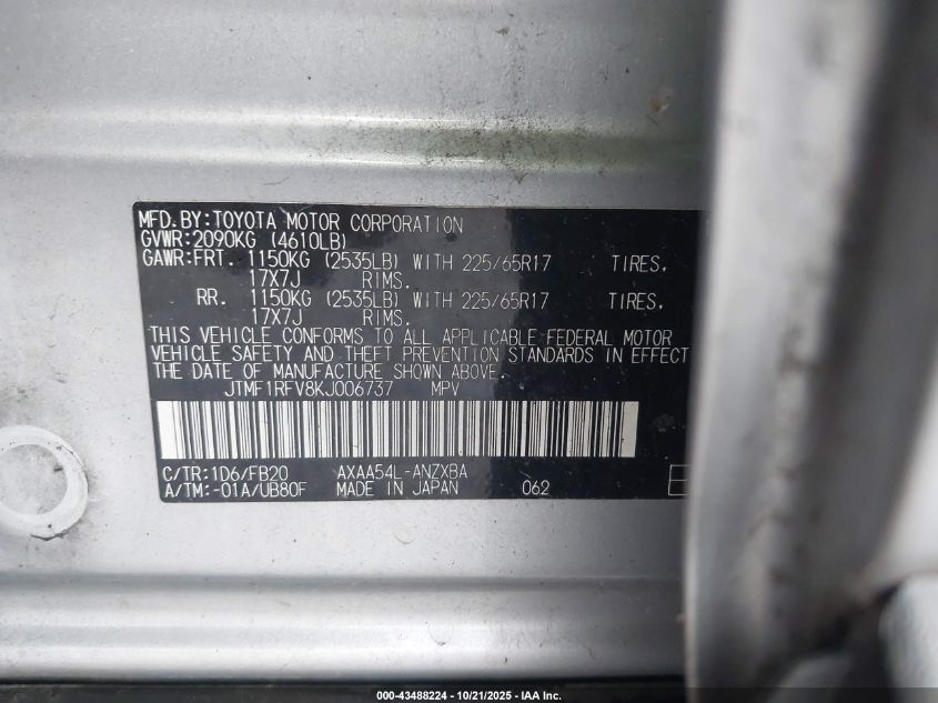 2019 Toyota Rav4 Le VIN: JTMF1RFV8KJ006737 Lot: 43488224