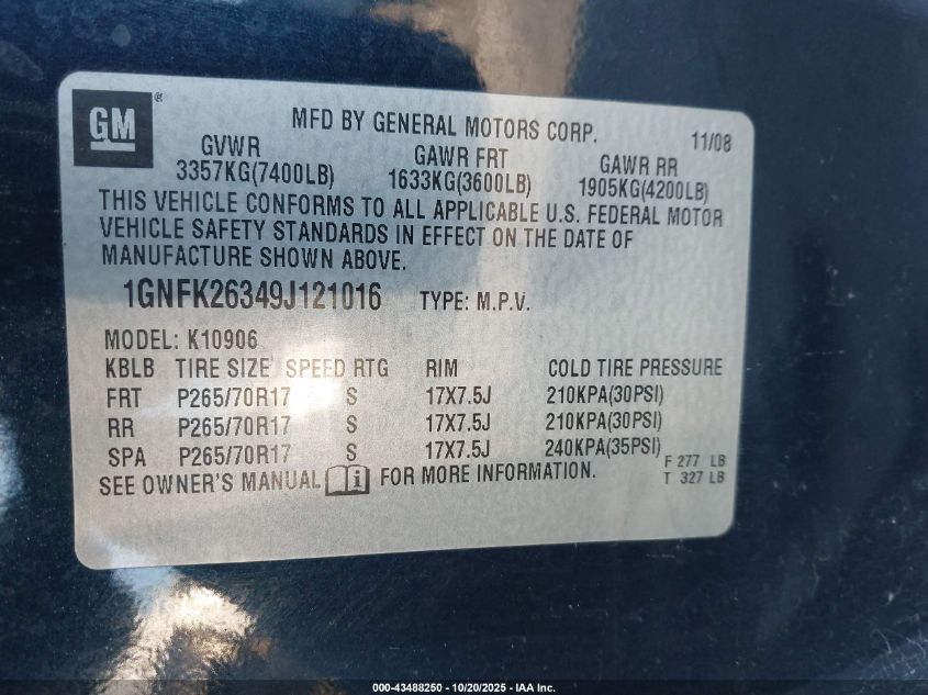 2009 Chevrolet Suburban 1500 Lt1 VIN: 1GNFK26349J121016 Lot: 43488250