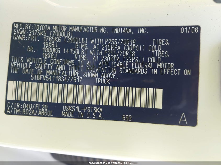 5TBEV54118S477917 2008 TOYOTA TUNDRA photo no. 9