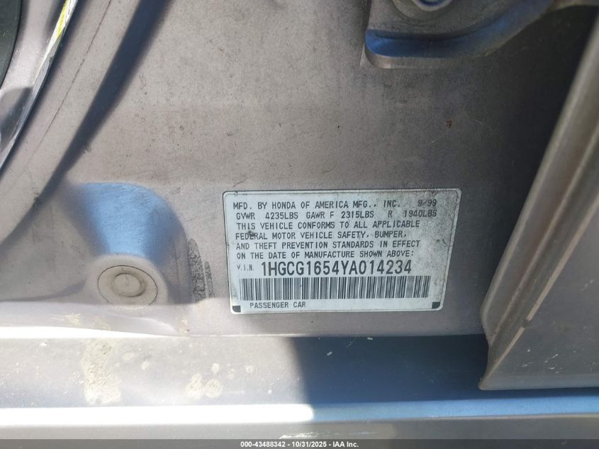 2000 Honda Accord 3.0 Ex VIN: 1HGCG1654YA014234 Lot: 43488342