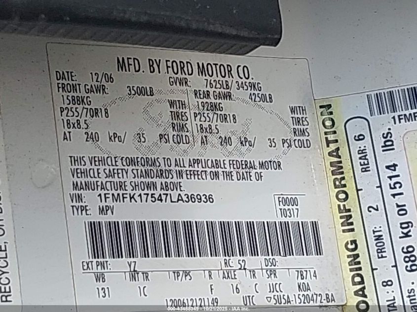 2007 Ford Expedition El Eddie Bauer VIN: 1FMFK17547LA36936 Lot: 43488349