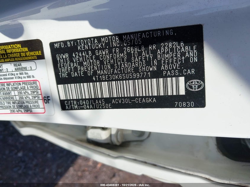 4T1BE30K65U599771 2005 TOYOTA CAMRY photo no. 9