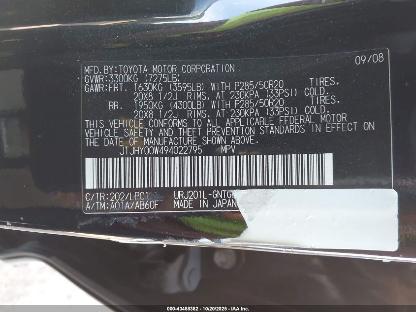 2009 Lexus Lx 570 VIN: JTJHY00W494022795 Lot: 43488382