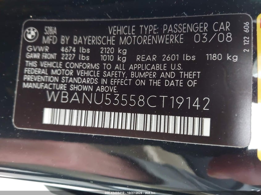 WBANU53558CT19142 2008 BMW 5ER photo no. 9