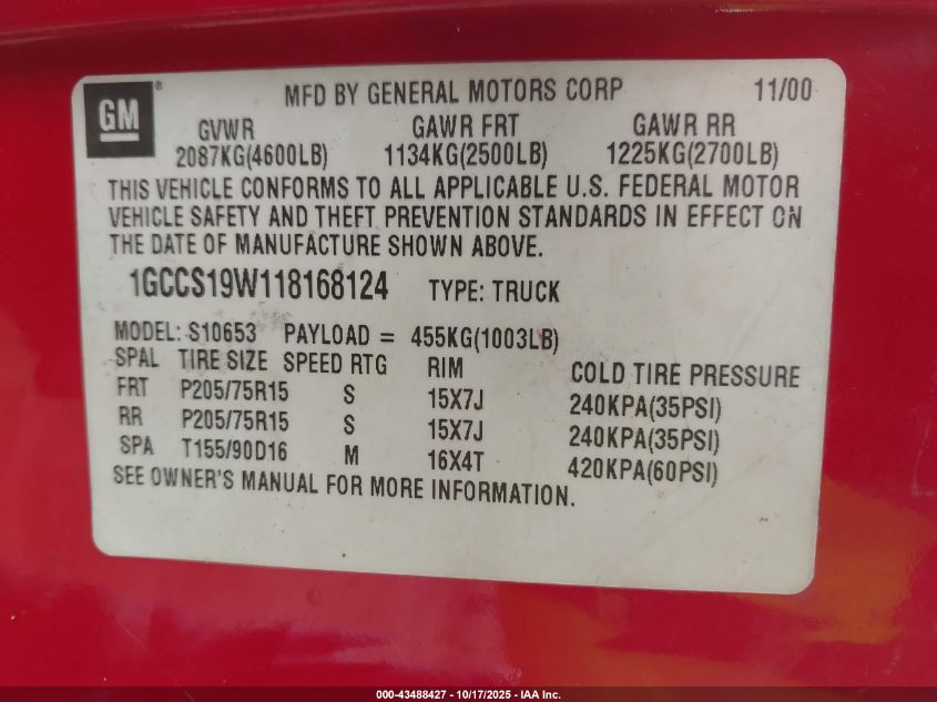 2001 Chevrolet S-10 Ls VIN: 1GCCS19W118168124 Lot: 43488427