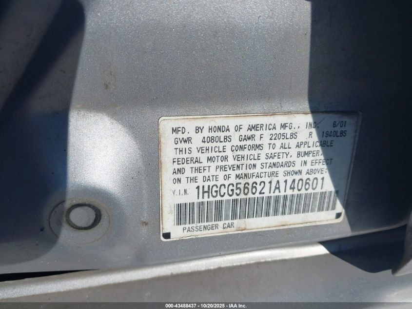 2001 Honda Accord 2.3 Ex VIN: 1HGCG56621A140601 Lot: 43488437