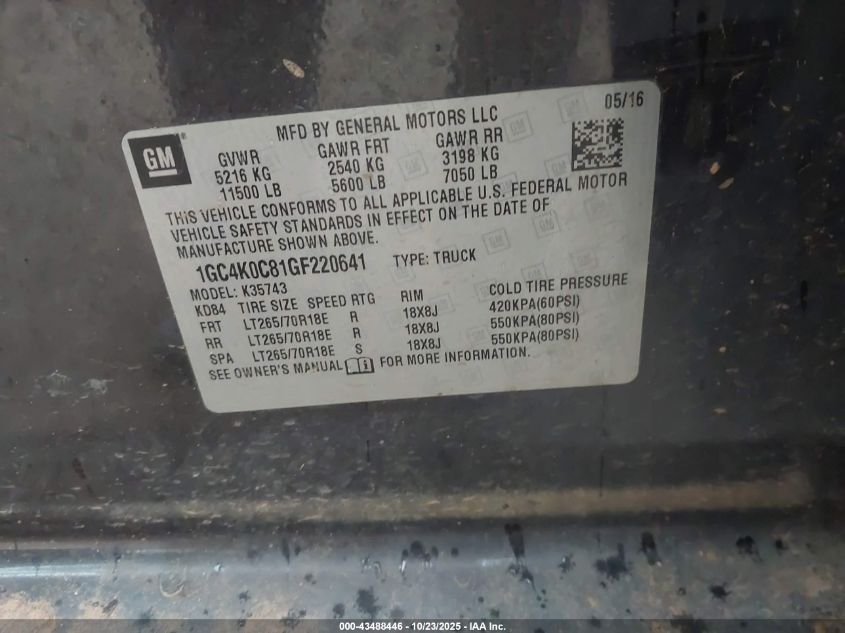 2016 Chevrolet Silverado 3500Hd Ltz VIN: 1GC4K0C81GF220641 Lot: 43488446