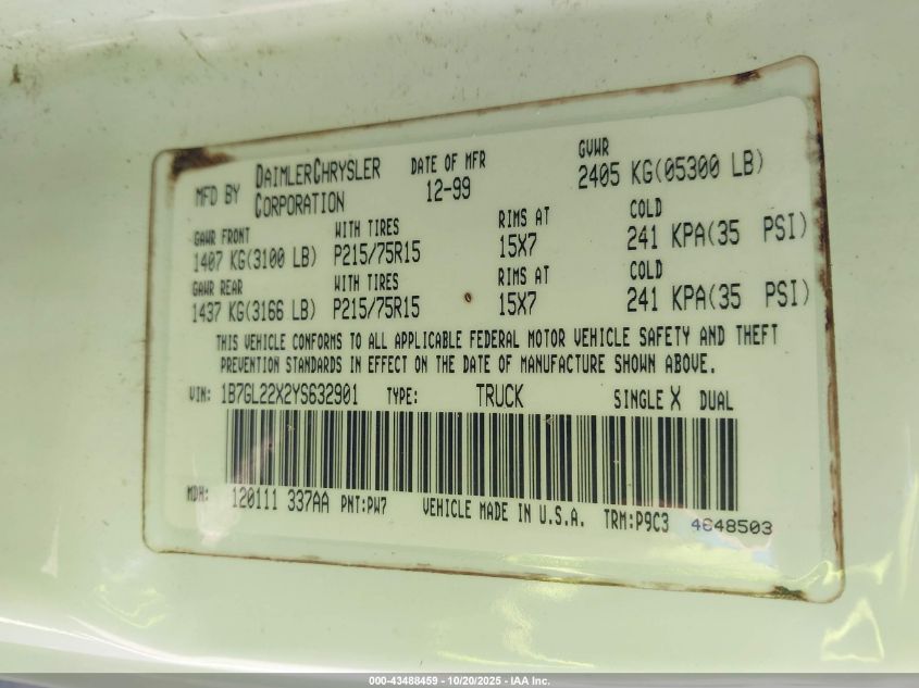 2000 Dodge Dakota Slt/Sport VIN: 1B7GL22X2YS632901 Lot: 43488459