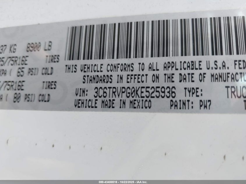 2019 Ram Promaster 2500 Window Van High Roof 159 Wb VIN: 3C6TRVPG0KE525936 Lot: 43488516