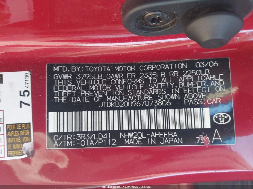 2006 Toyota Prius VIN: JTDKB20U967073806 Lot: 43488605