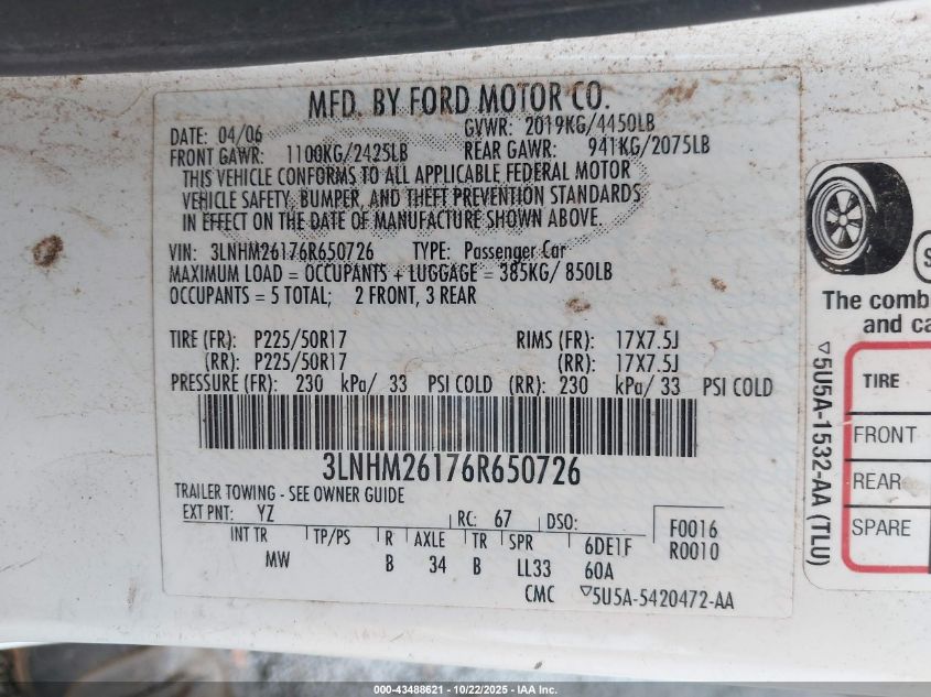 3LNHM26176R650726 2006 LINCOLN ZEPHYR photo no. 9