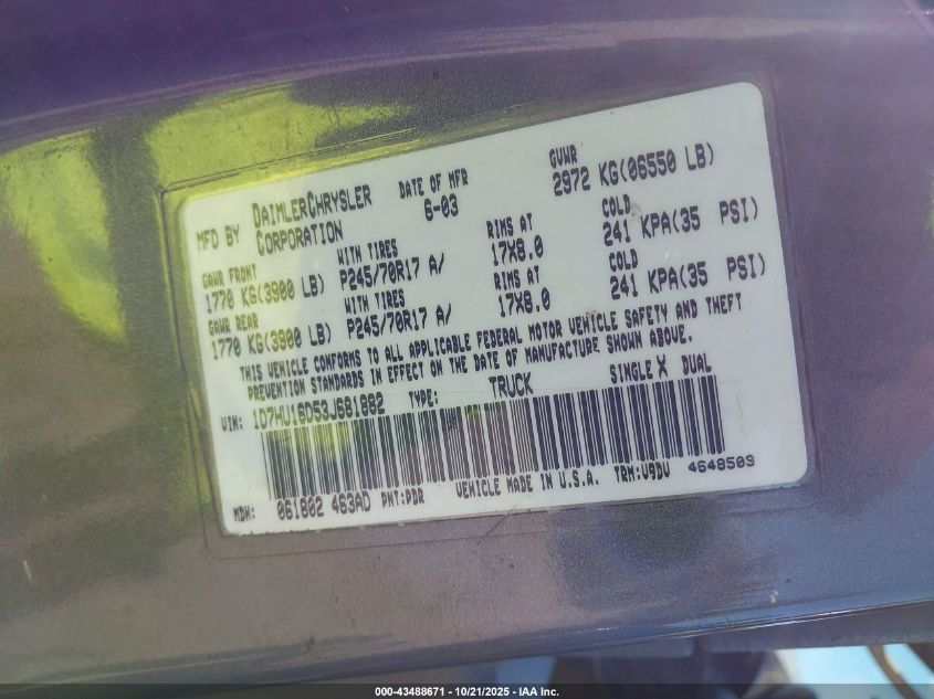 2003 Dodge Ram 1500 Slt/Laramie/St VIN: 1D7HU16D53J681882 Lot: 43488671