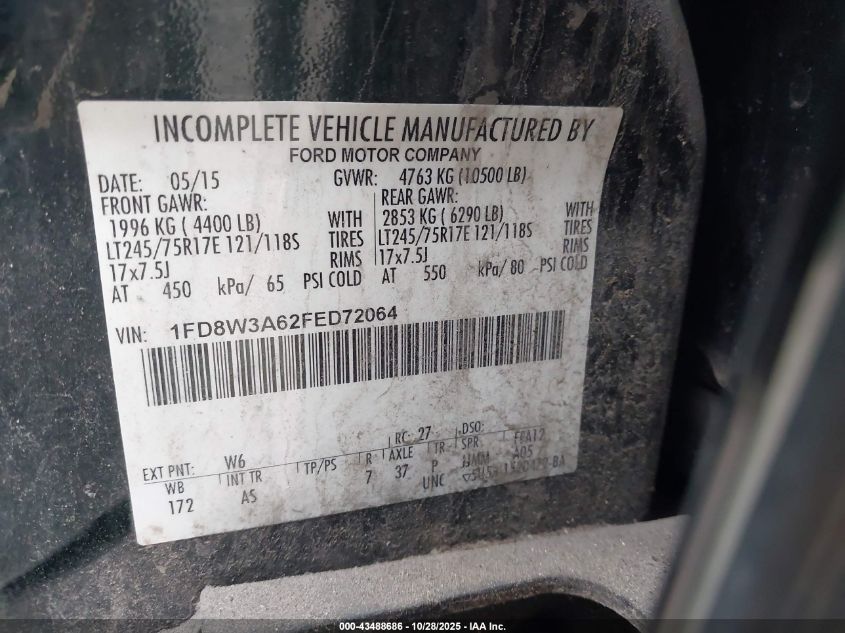2015 Ford F-350 Xl VIN: 1FD8W3A62FED72064 Lot: 43488686