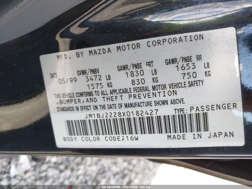 1999 Mazda Protege Dx/Lx VIN: JM1BJ2228X0182427 Lot: 43488688