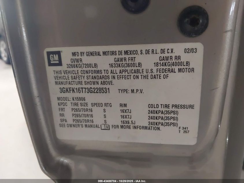 2003 GMC Yukon Xl 1500 Slt VIN: 3GKFK16T73G228531 Lot: 43488704