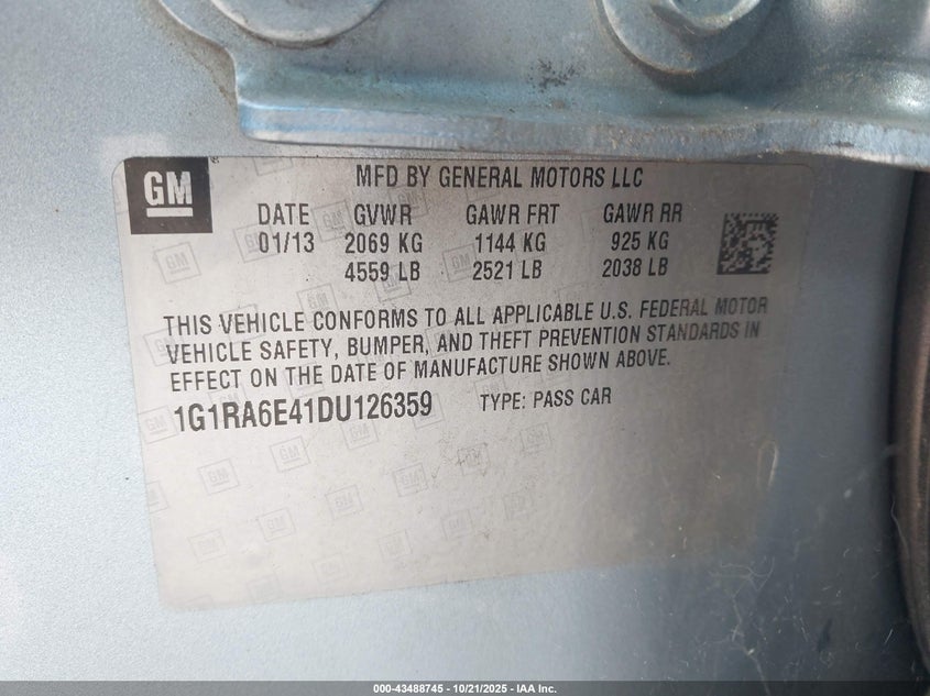 2013 CHEVROLET VOLT 1G1RA6E41DU126359