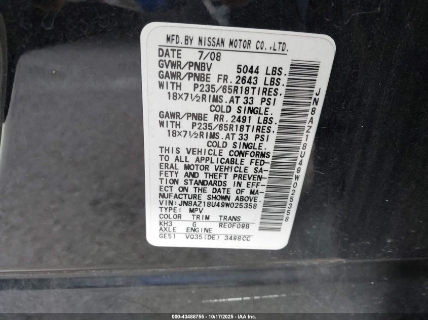 2009 Nissan Murano Sl VIN: JN8AZ18U49W025358 Lot: 43488755