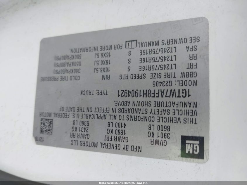 2017 GMC Savana 2500 Work Van VIN: 1GTW7AFF8H1904921 Lot: 43488865