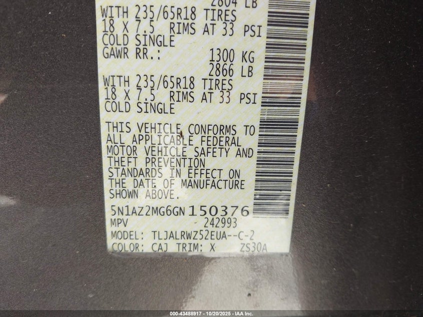 2016 NISSAN MURANO S/SL/SV/PLATINUM 5N1AZ2MG6GN150376