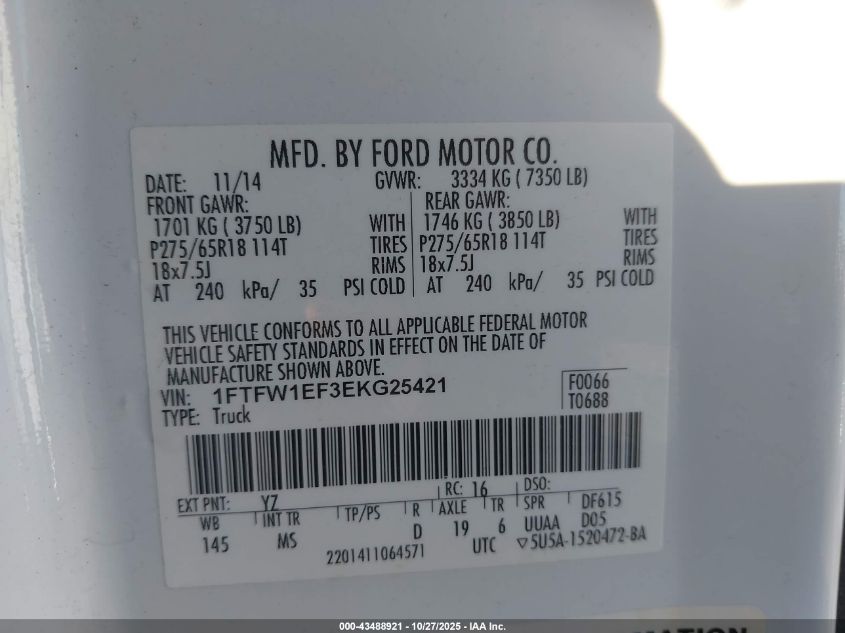 2014 Ford F-150 Xlt VIN: 1FTFW1EF3EKG25421 Lot: 43488921