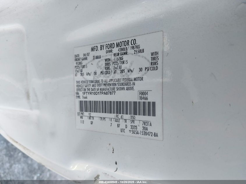 2007 Ford Ranger Stx/Xl/Xlt VIN: 1FTYR10D17PA87877 Lot: 43488949