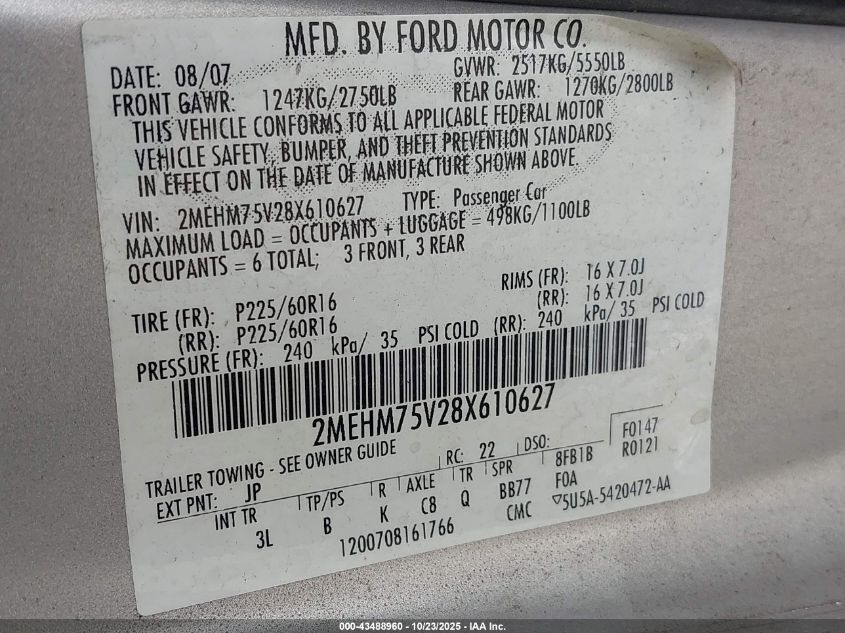 2008 Mercury Grand Marquis Ls VIN: 2MEHM75V28X610627 Lot: 43488960