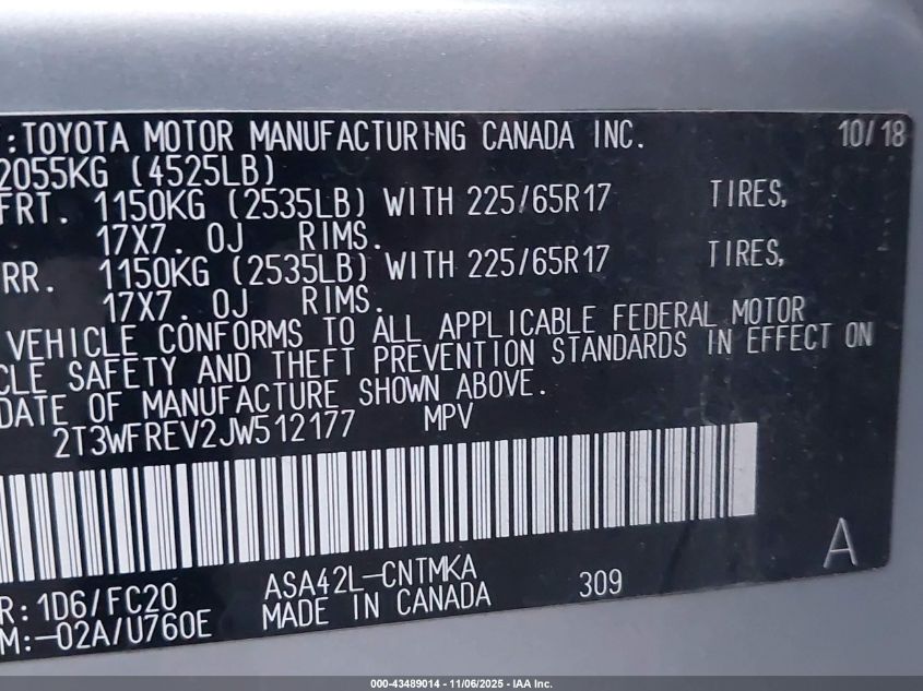 2018 Toyota Rav4 Xle VIN: 2T3WFREV2JW512177 Lot: 43489014