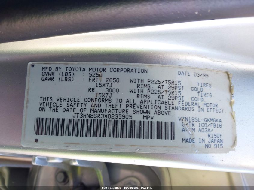 1999 Toyota 4Runner Sr5 V6 VIN: JT3HN86R3X0235905 Lot: 43489039