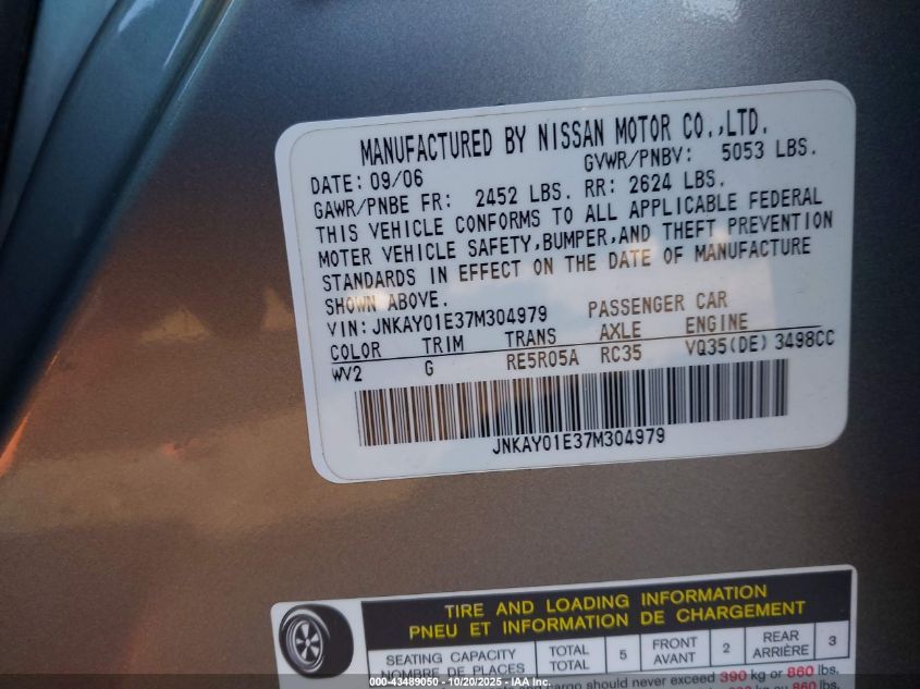 2007 Infiniti M35 VIN: JNKAY01E37M304979 Lot: 43489050