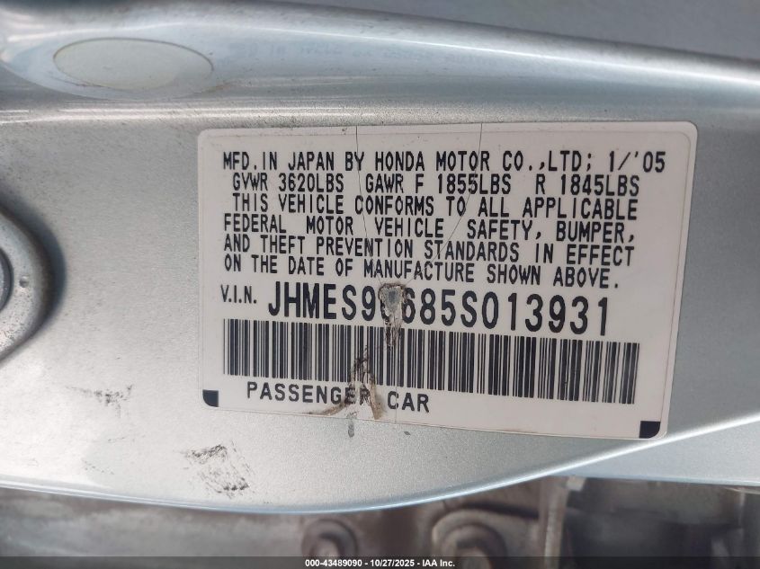 2005 Honda Civic Hybrid VIN: JHMES96685S013931 Lot: 43489090