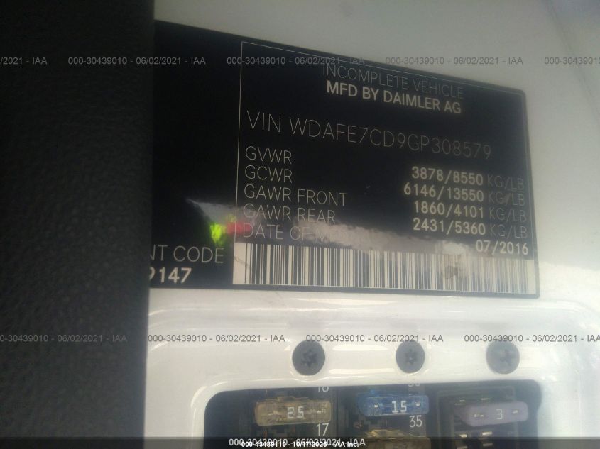 2016 Mercedes-Benz Sprinter 2500 Normal Roof VIN: WDAFE7CD9GP308579 Lot: 43489110