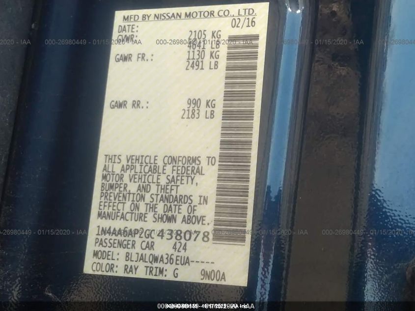 2016 Nissan Maxima 3.5 Platinum/3.5 S/3.5 Sl/3.5 Sr/3.5 Sv VIN: 1N4AA6AP2GC438078 Lot: 43489138