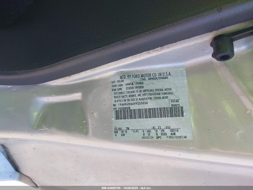 2000 Ford Mustang Gt VIN: 1FAFP45X4YF255056 Lot: 43489188