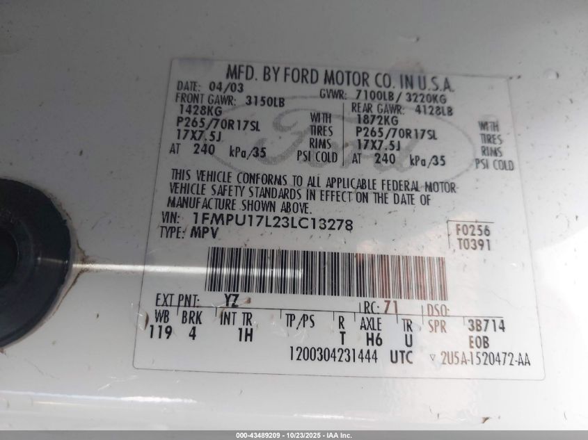 2003 Ford Expedition Eddie Bauer VIN: 1FMPU17L23LC13278 Lot: 43489209