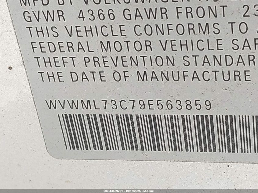 2009 Volkswagen Cc Sport VIN: WVWML73C79E563859 Lot: 43489231