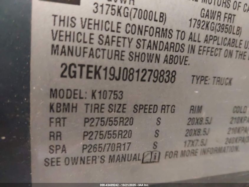 2008 GMC Sierra 1500 Sle1 VIN: 2GTEK19J081279838 Lot: 43489242