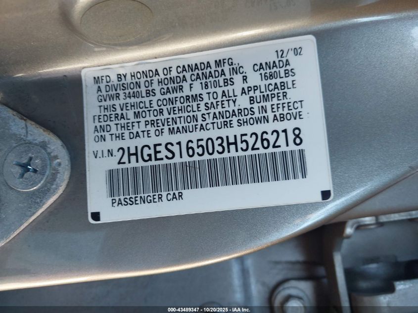 2003 Honda Civic Lx VIN: 2HGES16503H526218 Lot: 43489347