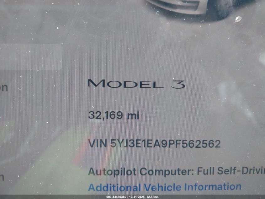 2023 Tesla Model 3 Rear-Wheel Drive VIN: 5YJ3E1EA9PF562562 Lot: 43489360