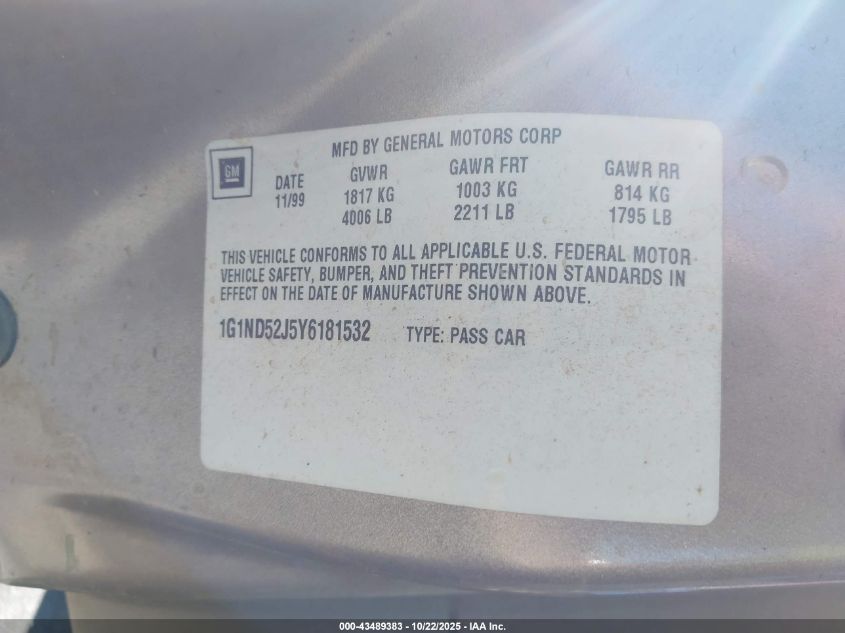 2000 Chevrolet Malibu VIN: 1G1ND52J5Y6181532 Lot: 43489383