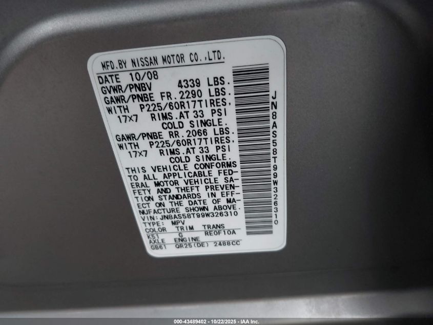 2009 Nissan Rogue Sl VIN: JN8AS58T99W326310 Lot: 43489402