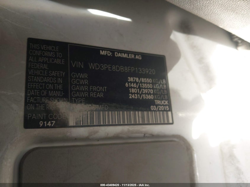 2015 MERCEDES-BENZ SPRINTER 2500 HIGH ROOF - WD3PE8DB8FP133920