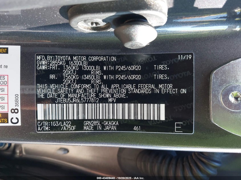 2020 TOYOTA 4RUNNER LIMITED JTEBU5JR6L5777812