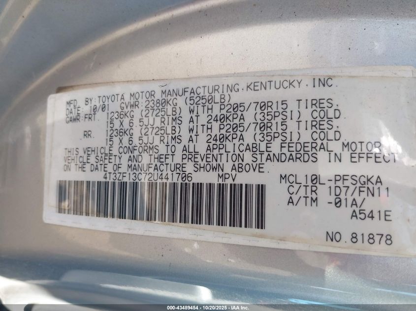 2002 Toyota Sienna Le VIN: 4T3ZF13C72U441706 Lot: 43489454