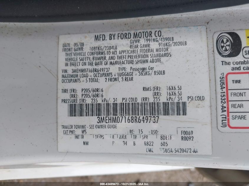 2008 Mercury Milan V6 VIN: 3MEHM07168R649737 Lot: 43489473