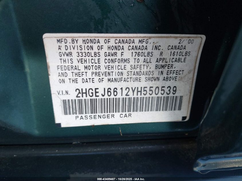 2000 Honda Civic Value Package VIN: 2HGEJ6612YH550539 Lot: 43489487