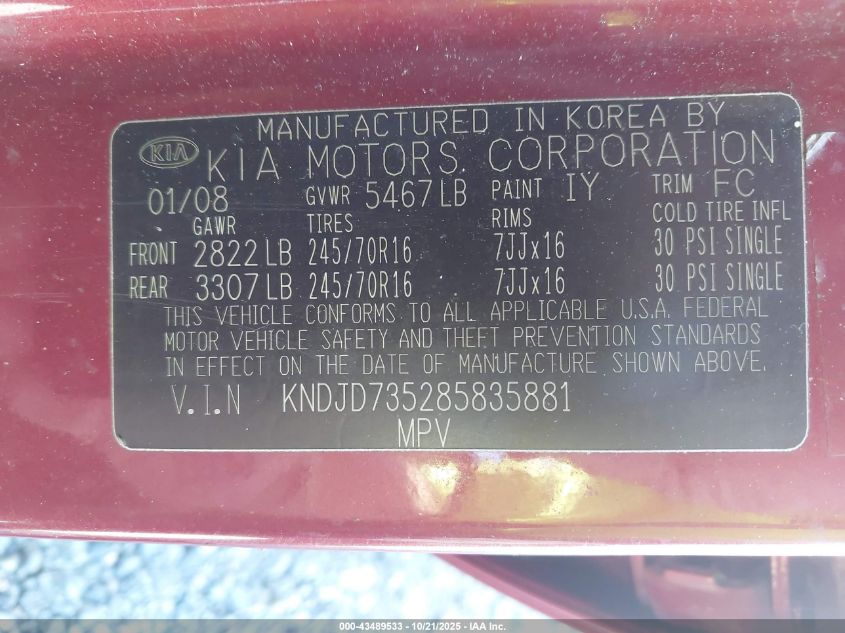 2008 Kia Sorento Lx VIN: KNDJD735285835881 Lot: 43489533