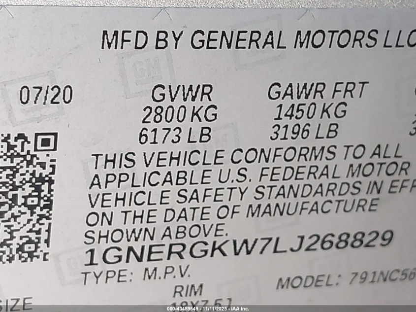 2020 Chevrolet Traverse Lt Cloth VIN: 1GNERGKW7LJ268829 Lot: 43489549